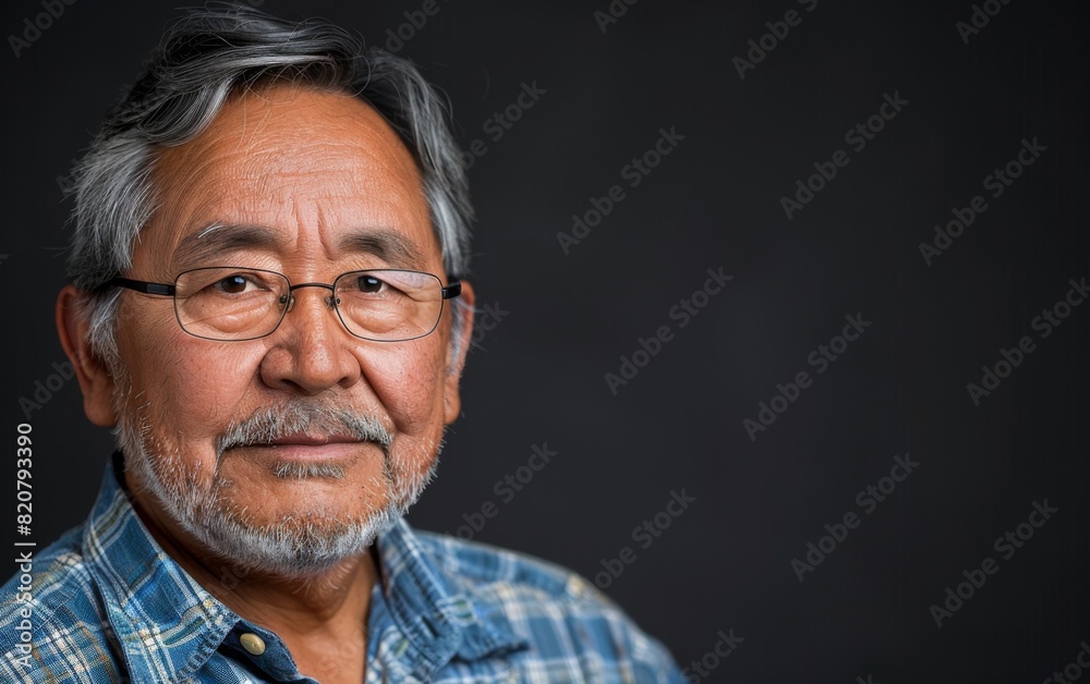A middle-aged Inuit man wearing glasses and a plaid shirt A middle-aged Inuit man wearing glasses and a plaid shirt