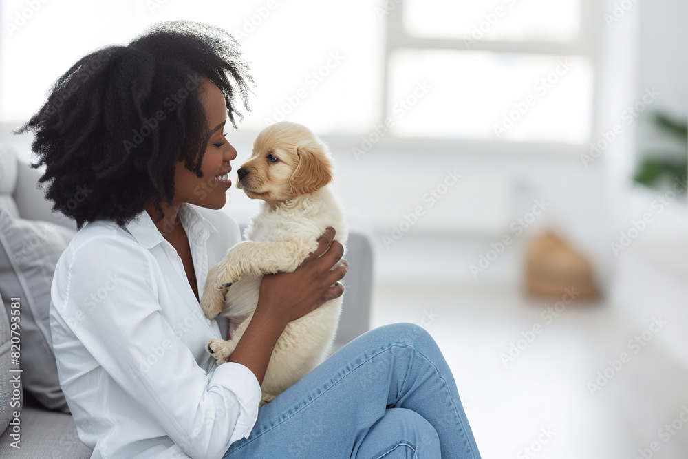 woman holding hugging puppy, cozy home, owner love pet, care, animal love and domestic life. woman holding hugging puppy, cozy home, owner love pet, care, animal love and domestic life.