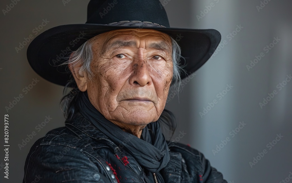 A senior Native American man wearing a black hat and jacket A senior Native American man wearing a black hat and jacket