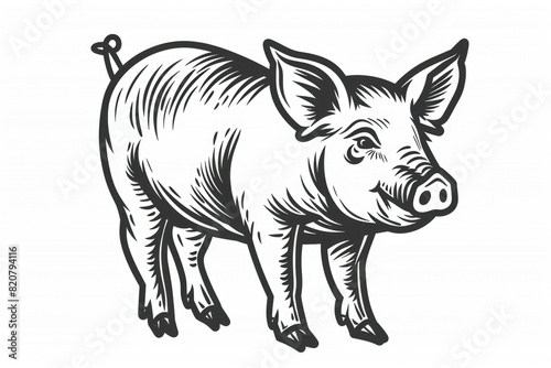 Detailed monochrome illustration of a pig. Suitable for various design projects