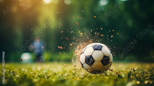 Single soccer ball in motion, blurred background.