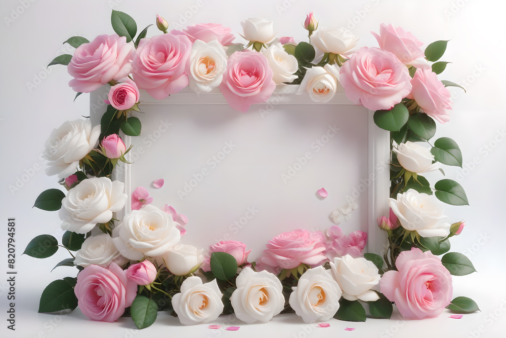 A white frame surrounded by pink and white roses.