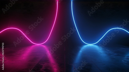 An abstract illustration of neon wave lines on a black background. Blue and pink light curves glisten on a dark stage when reflected on glossy floor. The scene is reminiscent of a disco club