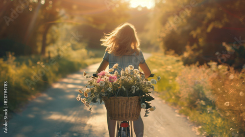 Woman riding a bicycle on a quiet country road at sunset, with a basket full of freshly picked wildflowers, capturing a serene and nostalgic moment of freedom and connection with nature  #820794783