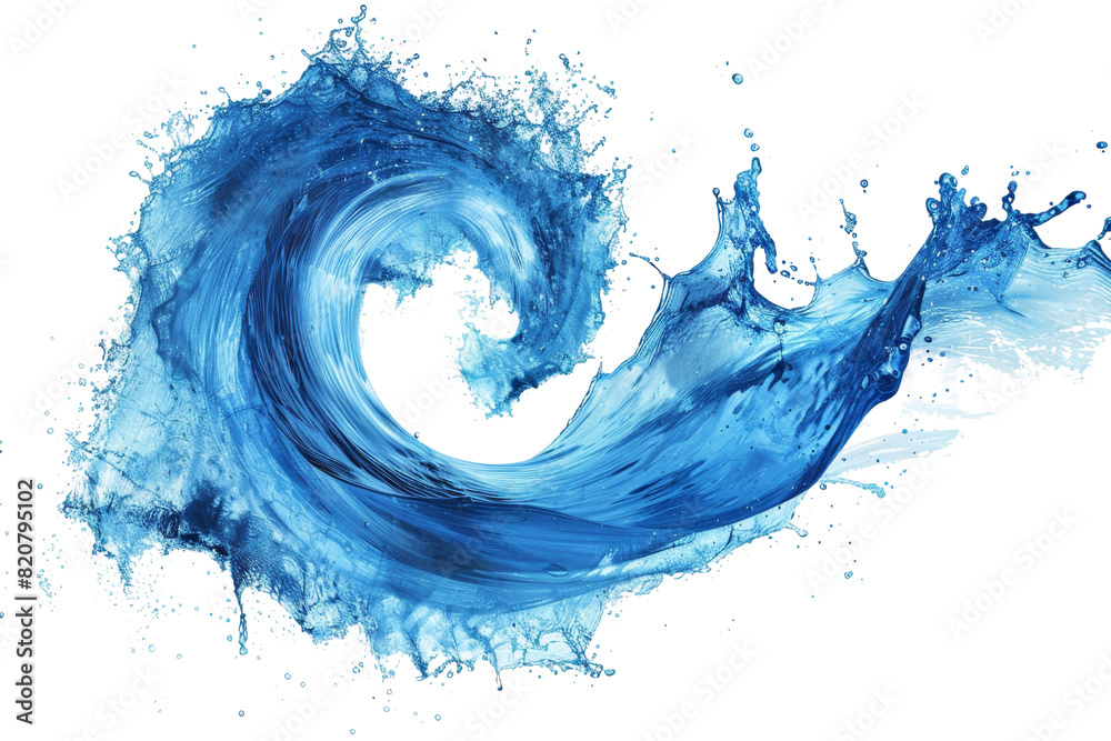 Dynamic blue water splash forming a wave shape on a transparent ...