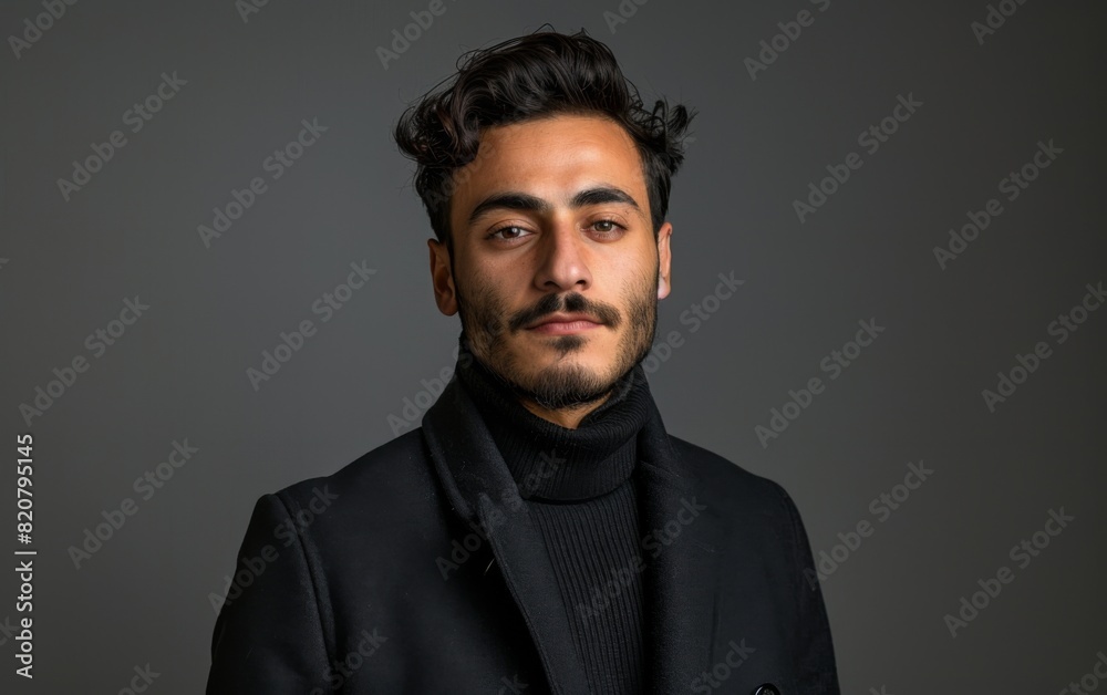 Young Middle Eastern male dressed in a black suit and turtle neck sweater