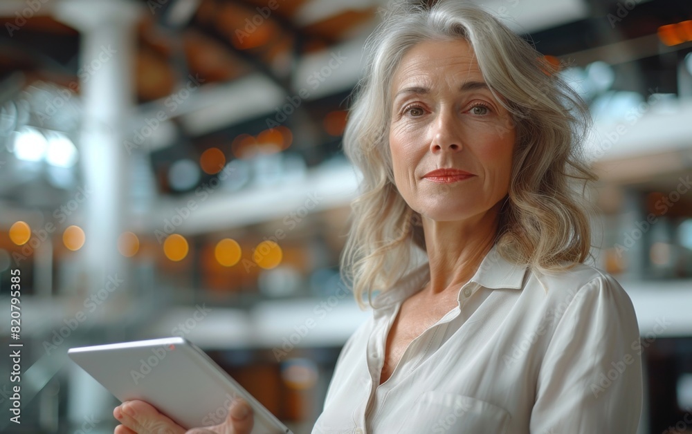 A mature businesswoman in a white shirt looking happy and busy while holding a tablet A mature businesswoman in a white shirt looking happy and busy while holding a tablet