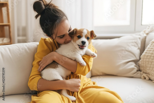 woman holding hugging puppy, cozy home, owner love pet, care, animal love and domestic life.