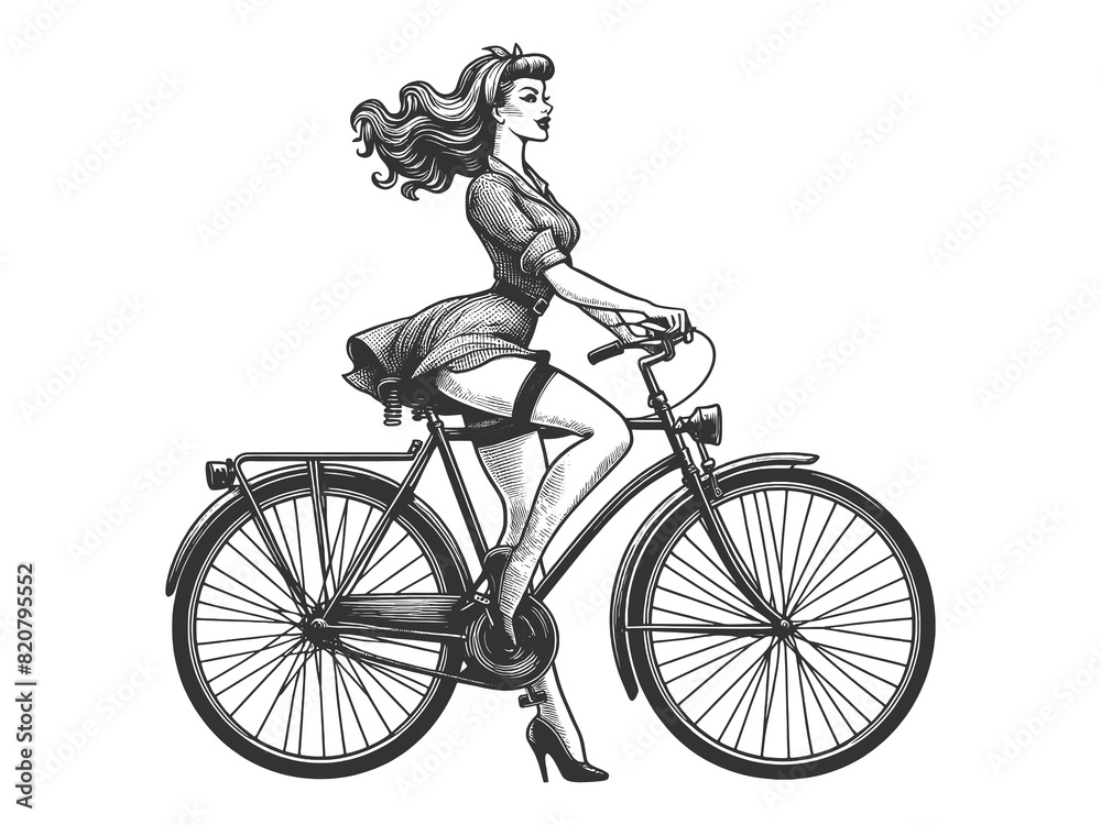 Obraz premium woman riding a classic bicycle, dressed in a chic outfit with heels sketch engraving generative ai fictional character raster illustration. Scratch board imitation. Black and white image.