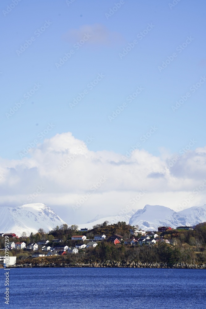 Fototapeta premium Aerial view of Alesund cityscape, Norway, with snow-capped mountains in the background