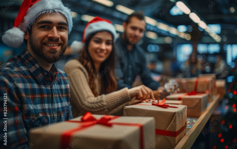 Obraz premium A group of people wearing Santa hats, gathered together, holding presents in a festive New Year and Christmas mood