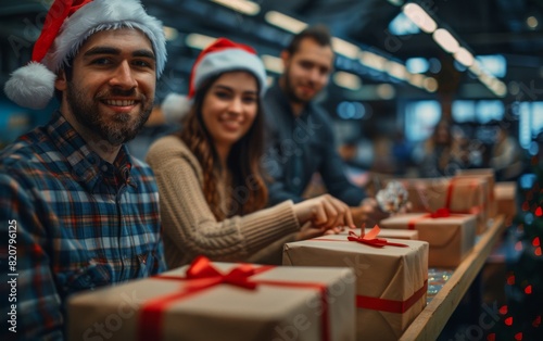 A group of people wearing Santa hats, gathered together, holding presents in a festive New Year and Christmas mood