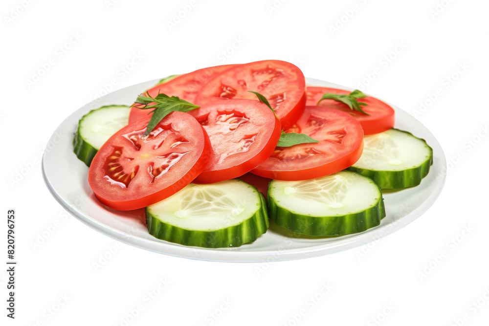 Crisp Delights: A Plate of Vibrant Cucumbers and Juicy Tomatoes on a White or Clear Surface PNG Transparent Background.