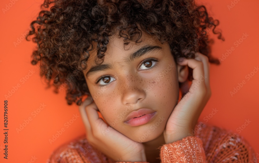 A close-up shot of a nonbinary individual, a person of Mixed Race descent, with curly hair A close-up shot of a nonbinary individual, a person of Mixed Race descent, with curly hair