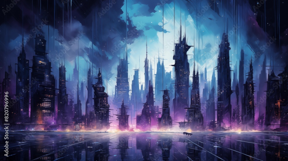 Digital illustration of a futuristic cityscape with vibrant neon lights reflecting on water, set against a surreal night sky with a purple and blue gradient.