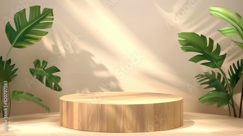 Realistic modern display mockup at studio room interior with wood platform and foliage. Green leaves and monstera shadow on wall.