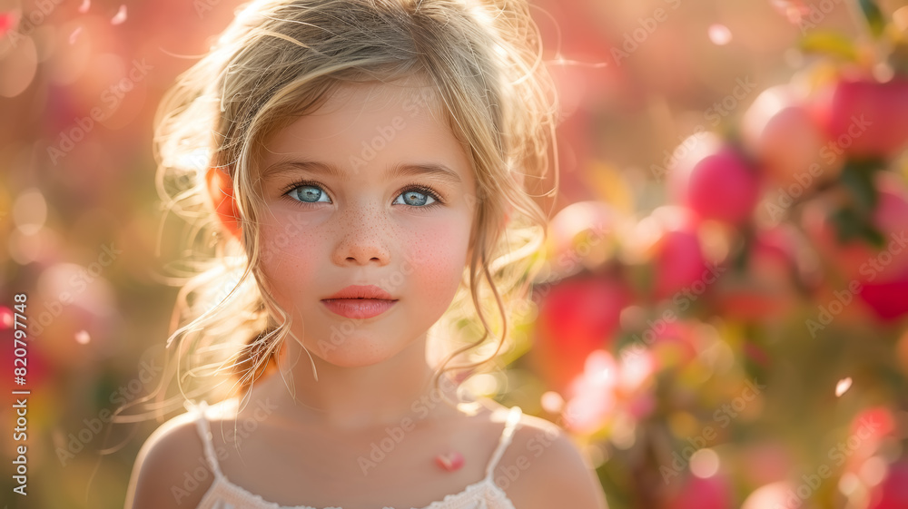 Fototapeta premium Adorable blond girl with blue eyes in the apple garden. 
