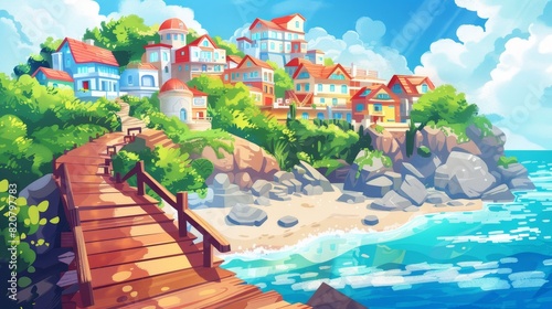 This cartoon modern illustration depicts urban development along cliff shores or on the seashores. The wooden bridge leads to the town on the rocky beach in the harbor of a small city.