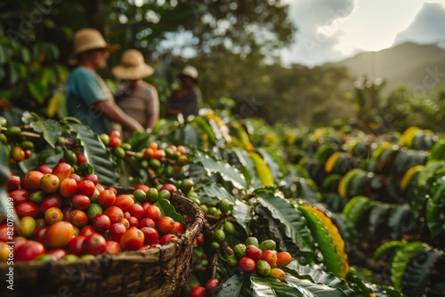 Selective focus of basket with ripening coffee beans on plantation, man harvesting, seasonal work