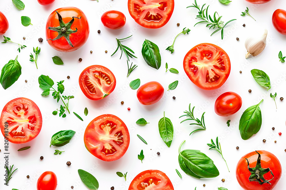 Fresh tomatoes and green herbs on a white background, perfect for healthy eating, culinary, and cooking concepts with copy space Fresh tomatoes and green herbs on a white background, perfect for healthy eating, culinary, and cooking concepts with copy space