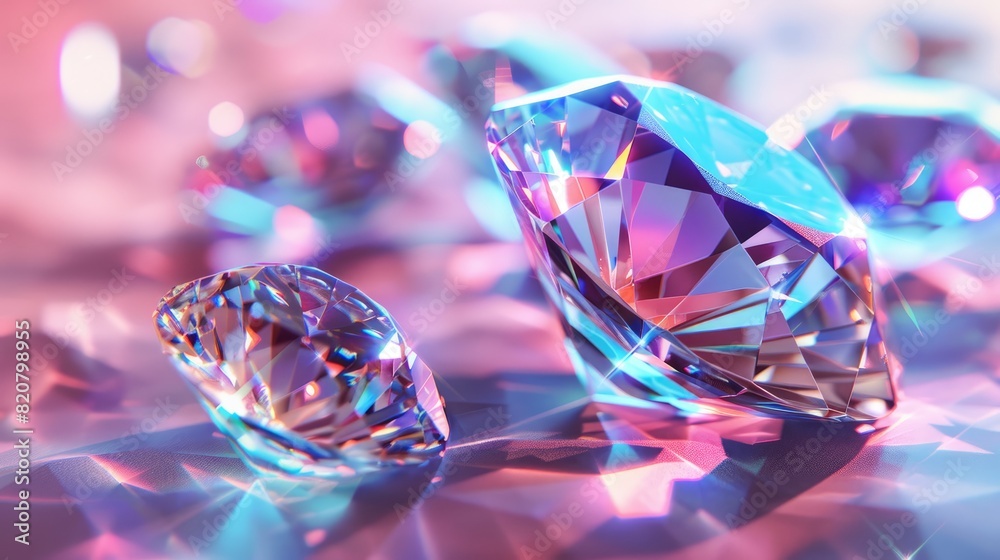 Background of crystals, diamonds, diamonds. The texture of precious stones, the reflection of light on a light neon background.