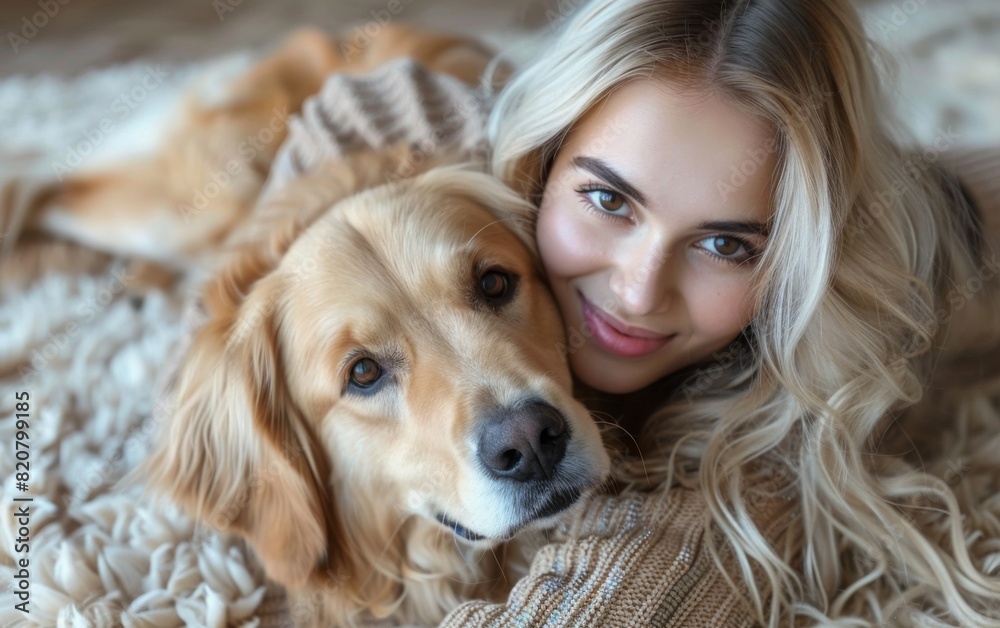 A blonde woman smiling while laying on top of a bed next to a dog A blonde woman smiling while laying on top of a bed next to a dog
