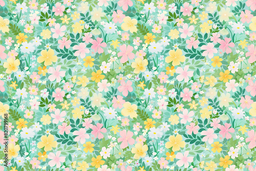 Pastel colored flowers and leaves on green background seamless pattern