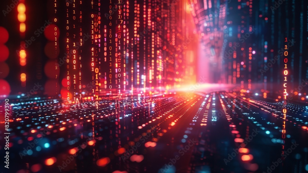 Fototapeta premium Dynamic US stock rise, digital binary objects burst, capturing market instability, Tetradic color set