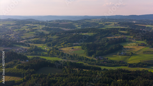 Lesser Poland rolling hills and rural landscape near Ciezkowice. Aerial drone view