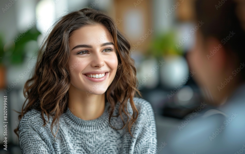 A woman sits in front of a man, smiling as they engage in conversation A woman sits in front of a man, smiling as they engage in conversation