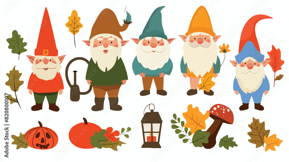 Happy cute little gnomes in autumn. Funny bearded gar