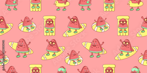 seamless pattern of summer watermelon characters on pink background