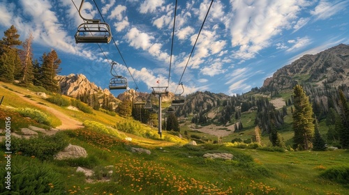 Albion Basin, Utah summer landscape with ski lift chairs on cables and cloudy clouds blue sky in rocky Wasatch mountains photo
