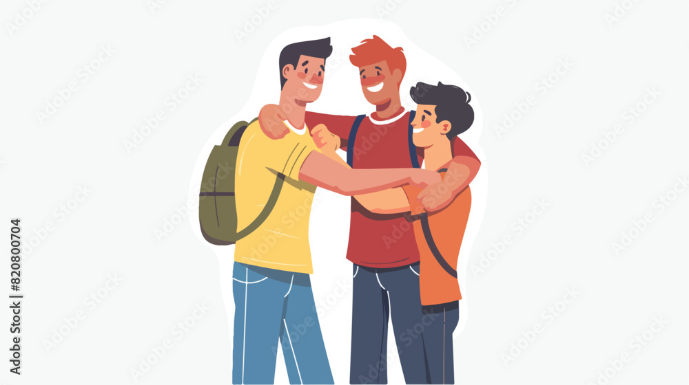 Happy excited men meeting hugging. Young friends gree