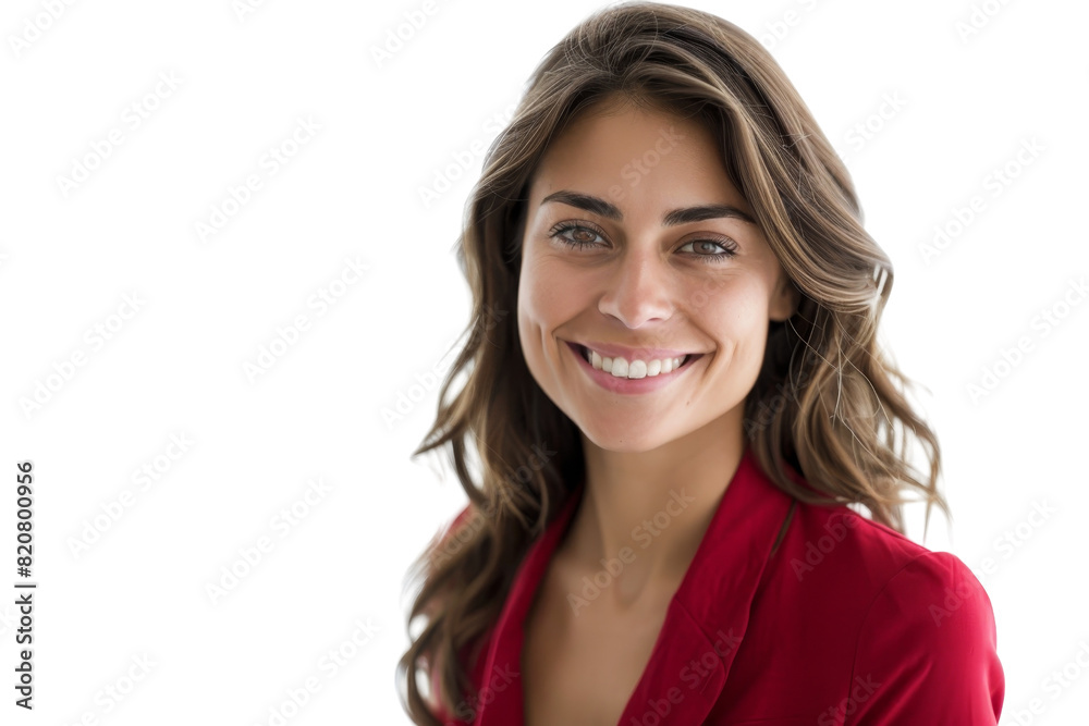 Portrait of a smiling woman in a red blazer against a transparent background. showcasing confidence and warmth.