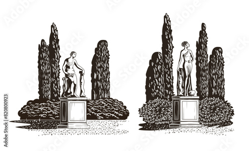 Greek statue on a pedestal surrounded by bushes and trees in a park. Vector set of engraved hand drawing sketches. Can be used for wedding invitations, illustrations, books, etc.
