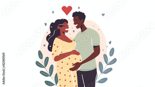 Happy family couple black man touching belly of pregn