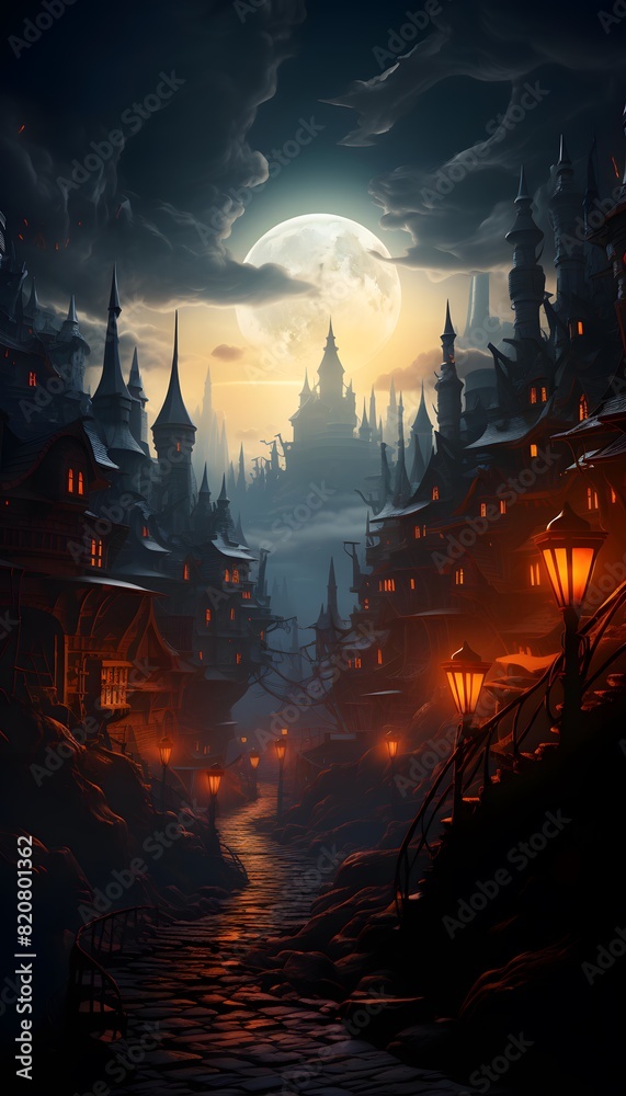 Fantasy castle in a foggy night. 3D illustration.