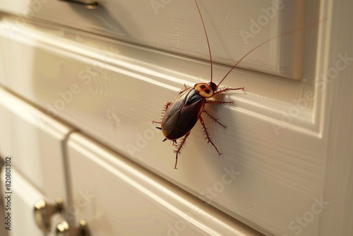 A cockroach crawling on a kitchen cabinet door. Suitable for pest control or hygiene concepts