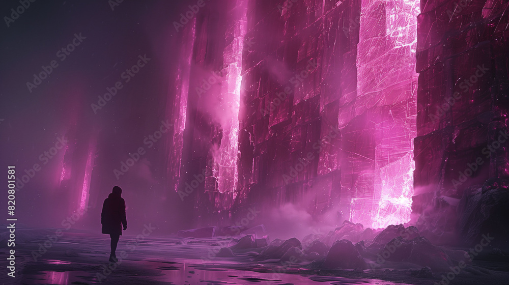 Fototapeta premium A person walking towards a massive, glowing pink wall in a surreal, foggy environment. The scene is mysterious and otherworldly, with a sense of exploration and discovery.