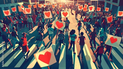 Placards and banners are used by protesters in a rally demonstration. Characters with red hearts, flags and signs cross the street. Activists are crowd picketing. Line art flat modern illustration.