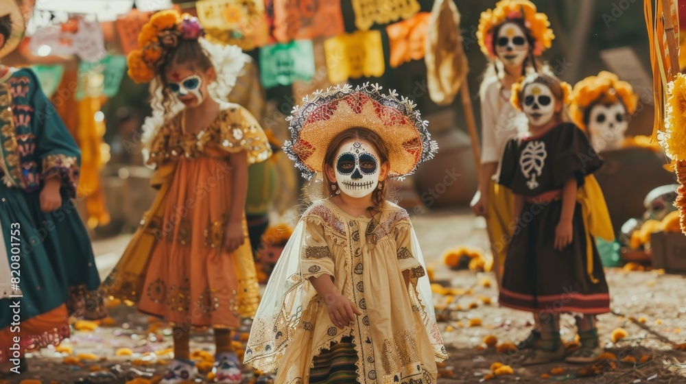 Fototapeta premium Children Celebrating Dia de los Muertos in Traditional Costumes