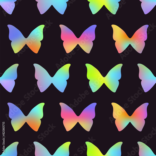 Y2K aesthetic geometric seamless pattern with gradient butterflies. Abstract trendy minimalistic background.