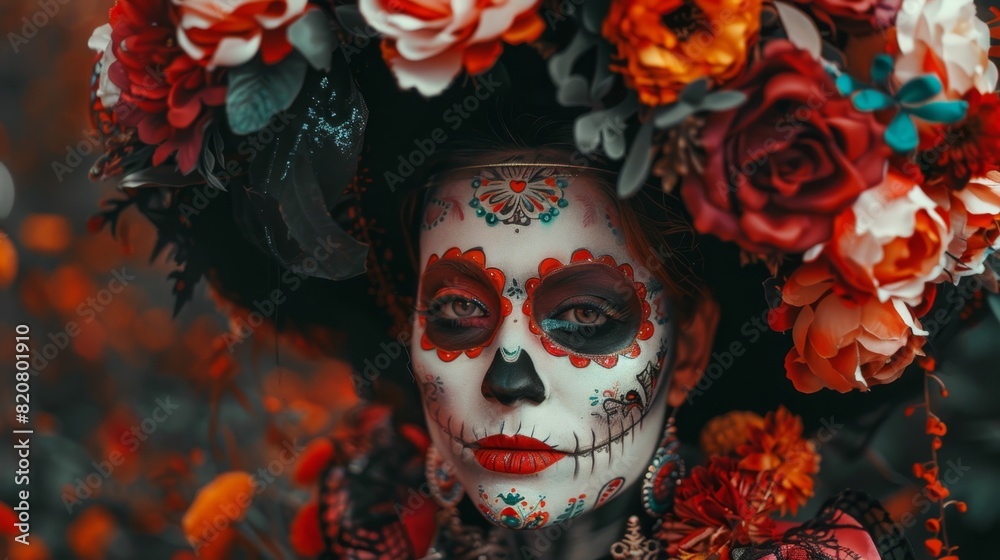 Vibrant Day of the Dead Makeup and Floral Headpiece Portrait