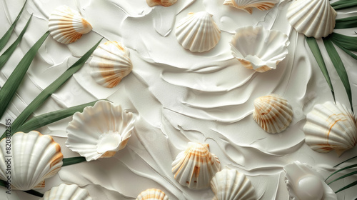 white texture background with shells and plants, plaster figures, bas-relief, architecture, wallpaper, wall, design, decor, interior, apartment, waves, marine style, place for text, layout, blank photo