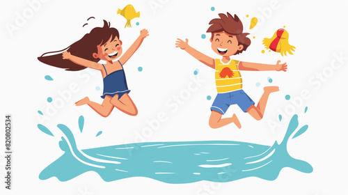Happy kids jumping into water. Cheerful children