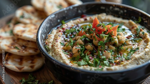 a sumptuous serving of baba ganoush, a smoky egglplant dip infused with olive oil and cayenne pepper photo