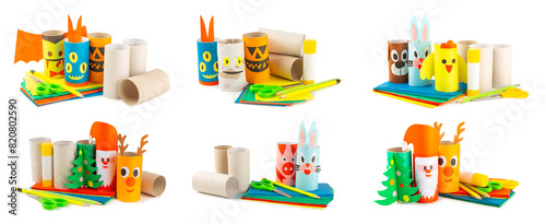 Toilet paper crafts isolated on white background. Kids crafts made with toilet paper roll. DIY. Handmade. Paper toys. Origami animals. Concept of children's educational games.