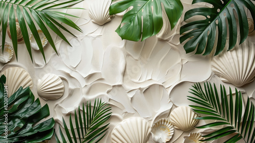 white texture background with shells and plants, plaster figures, bas-relief, architecture, wallpaper, wall, design, decor, interior, apartment, waves, marine style, place for text, layout, blank