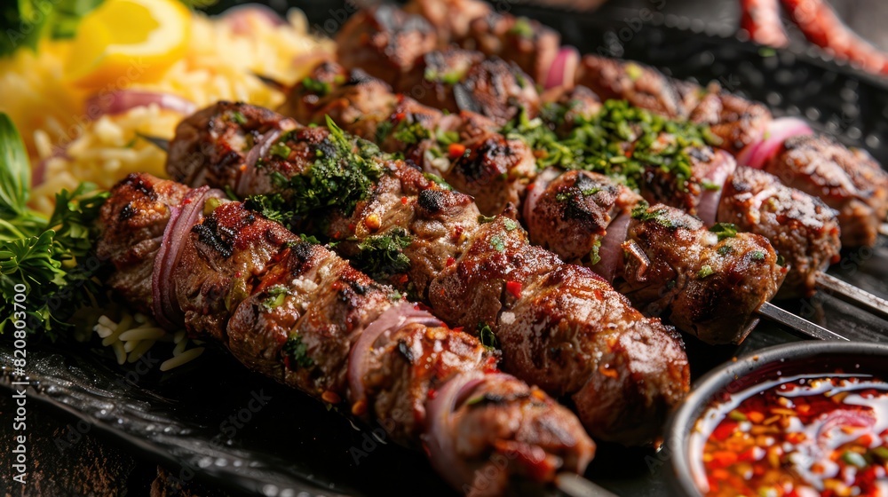 a tantalizing delicacy, a sumptuous treat of grilled meat skewers infused with secret herbs and spices, a mouth watering feast for meat lovers